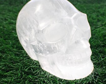Flashy Large Selenite Crystal Skull - Smooth Polished Carving Skull - Human Skull Replica - 4.5 Inch Smooth Shiny Selenite Skull #SKULL#1046