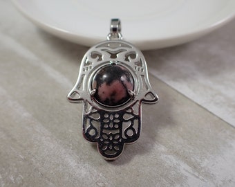1 Piece Natural Rhodonite Cab Crystal Pendant - Hamsa Hand Silver - Small Natural Rhodonite Crystal Pendant - Pink Black Gray #PNDNT#1021
