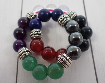 One Chakra Crystal Beaded Bracelet - 8mm Round Beads - Quartz Aventurine Amethyst Hematite Sodalite Obsidian Carnelian Beads #BRCLT#1063