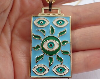 1 Piece Evil Eye Necklace Pendant - Green Sun Blue Evil Eye - Gold Blue Enamel Stainless Steel Pendant - Large Rectangle Gold #JEWEL#1012
