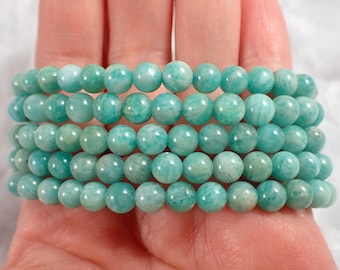 One Amazonite Crystal Bead Bracelet - 6mm Smooth Round Beads - Aqua Blue White Opaque - Natural Blue Amazonite Beaded Bracelet #BRCLT#1205