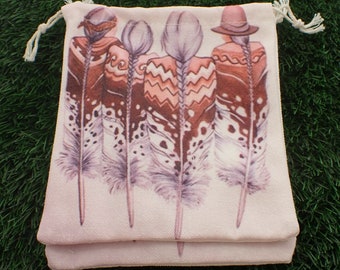 Purple Native American Linen Fabric Tarot Card Pouch - Purple White Peach Crystal Bag - 6x5 Inch Bag - Braided Hair Indian Bag #POUCH#1047