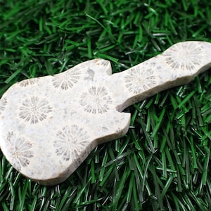 1 Piece Natural Fossil Coral Crystal Guitar - White Gray Flower Coral - Double Sided Polished Guitar Carving - 62x28x5mm Guitar #CRVNG#1552