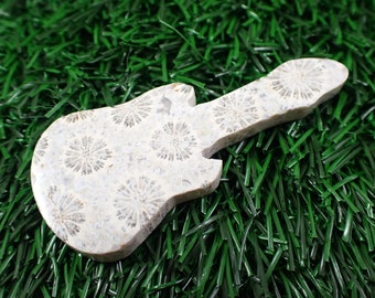 1 Piece Natural Fossil Coral Crystal Guitar - White Gray Flower Coral - Double Sided Polished Guitar Carving - 62x28x5mm Guitar #CRVNG#1552