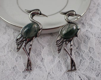 Beautiful Natural Green Moss Agate Crystal Bird Pendant - 1.75 Inch Crane Bird Pendant - Green Orange Clear Moss Agate Birds #PNDNT#1086