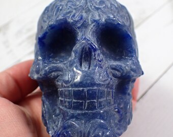 Swirly Natural Blue Aventurine Crystal Skull Carving - Blue Gray Scroll Carving - Blue Aventurine Crystal Skull - 3.5 Inch Decor #SKULL#1015