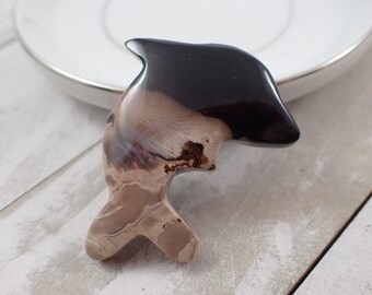Natural Fossilized Palm Root Crystal Dolphin - Black Beige Brown Smooth Crystal - 2 Inch Flat Back Crystal Dolphin Carving #CBCHN#1049