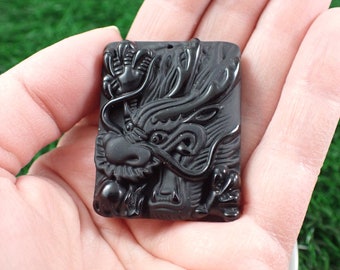 Large Black Obsidian Crystal Pendant - Textured Dragon Obsidian Pendant - 1.75 Inches Black Obsidian Dragon - Flat Back Pendant #PNDNT#1044