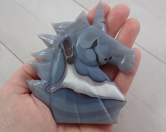 1 Piece Natural Druzy Agate Crystal Unicorn Carving - Blue Gray White - Unicorn Animal Carving Druzy Agate - Blue Gray White #ANMLS#1170