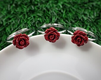 Pretty Red Cinnabar Adjustable Crystal Flower Ring - Silver Band Red Flower Ring - Deep Red Cinnabar Crystal - Silver Metal Ring #RINGS#1075