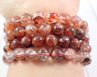 One Natural Fire Quartz Beaded Bracelet - 9mm Smooth Round Beads - Dark Red Clear Fire Quartz - Natural Fire Quartz Crystals #BRCLT#1082