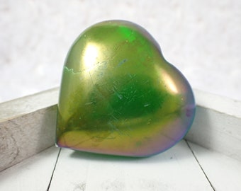 Shiny Green Aura Selenite Crystal Heart Carving - Large Smooth Polished Crystal - 2.25 Inch Big Heart Crystal - Bright Green #HEART#1025