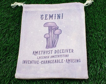 1 Piece Gemini Mushroom Linen Fabric Tarot Card Pouch - Purple White Gemini Zodiac Crystal Bag - 6.75x5.5 Inch Gemini Shrooms Bag POUCH#1038