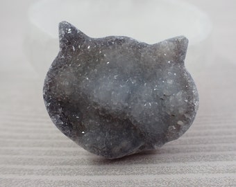 1 Piece Black Druzy Agate Crystal Cat Carving - Black Textured Cat Head Crystal - Dyed Black Druzy Agate - Black Cat Sugar Head #MINIS#1046