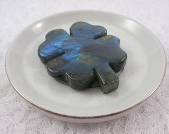 Lucky Four Leaf Clover Natural Labradorite Crystal - Flashy Blue Gray Smooth Clover - 2.25 Inch Lucky 4 Leaf Clover Labradorite #CRVNG#2162