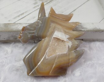 Natural Druzy Agate Crystal Unicorn Carving - Brown Gray White - Unicorn Animal Carving Druzy Agate - 3.75 Inch Unicorn Bust #ANMLS#1243