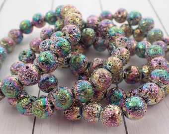 One Aura Lava Stone Crystal Bead Bracelet - 10mm Textured Round - Shiny Rainbow Lava Beads - Aura Rainbow Crystal Bracelet - #BRCLT#1065