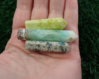 3 Piece Set Mini Natural Crystal Points - K2 Jasper Pistachio Calcite Serpentine - Small Smooth Faceted Points - Green Blue Gold #POINT#1044