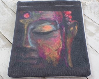 Colorful Buddha Fabric Crystal Pouch - Black Pink Blue Tarot Card Bag - 6.5x5.5 Inches White Back - Buddha Face Colorful Pouch #POUCH#1044