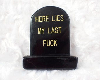 Funny Black Obsidian Headstone Crystal Carving - Here Lies My Last F@ck Gravestone - 2.75 Inch Crystal Cemetery Stone Carving CRVNG#2260