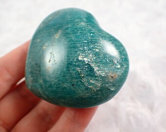Adorable Natural Amazonite Crystal Heart - Aqua Teal Blue Smooth Heart - Silver Flash Amazonite 2.25 Inch - Aqua Amazonite Heart #HEART#1002