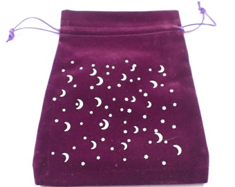 1 Piece Purple Fabric Crystal Pouch - White Moon Stars - Purple Velvety Moons Stars Tarot Card Bag - 7x5 Inch Single Sided Pouch #POUCH#1015