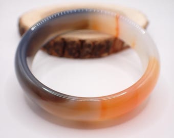 59.1mm Bright Orange Gray White Agate Crystal Bangle - Bold Smooth Crystal Bracelet - Flat Inside Natural Agate Bangle Colorful #JEWEL#1666