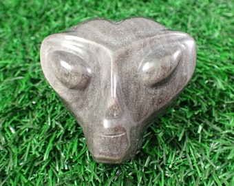 1 Piece Silver Obsidian Crystal Alien Skull Carving - Silver Skull Alien Head - Standing Silver Obsidian Crystal Alien Skull #SKULL#1014