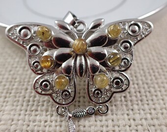 Golden Rutilated Quartz Crystal Butterfly Pendant - Silver Metal Tiny Rutile Spheres - 1.75 Inch Silver Butterfly Pendant Gold #PNDNT#1082