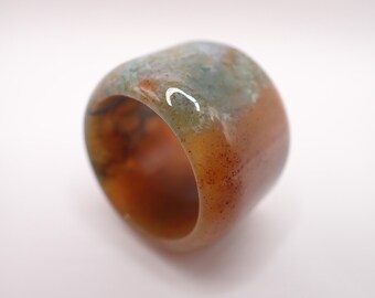 US Size 10.5 Beautiful Green Moss Agate Bangle Crystal Ring - Green Brown Smooth Rounded - Bangle Ring Green Moss Agate Crystal #RINGS#1138