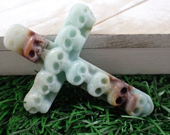 Aqua Blue Caribbean Calcite Crystal Skull Cross - Crystal Carving Skulls on Cross - 2.75 Inch Cross Carving - Natural Crystal #CRVNG#1996