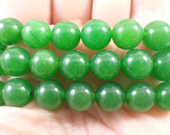 One Green Chalcedony Crystal Bead Bracelet - 10mm Smooth Round Beads - Shiny Dark Green Chalcedony Crystal Beaded Bracelet - #BRCLT#1070