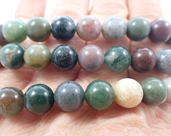 One Natural Indian Agate Crystal Beaded Bracelet - 8mm Smooth Round Beads - Green Purple Natural Indian Agate Beaded Bracelet #BRCLT#1077