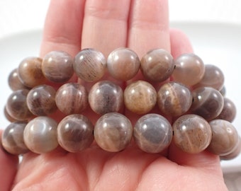 One Black Peach Moonstone Crystal Bracelet - 10mm Smooth Round Natural Crystal Beads - Black Peach Flashy Moonstone Bracelet #BRCLT#1102