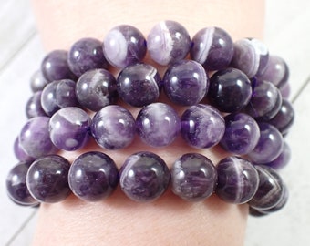 One Purple White Dream Amethyst Crystal Bracelet - 10mm Smooth Round Beads - Purple White Banding - Natural Bead Bracelet - #BRCLT#1009