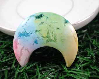 Rainbow Tie Dye Druzy Agate Crystal Moon - Smooth Polished Flat Back - Dyed Agate Druzy Moon - 1.25 Inch Rainbow Druzy Agate Moon CBCHN#1077