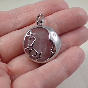 1 Piece Natural Rose Quartz Crystal Pendant - Silver Wrapped Moon Stars - Round Crystal Pendant - 23mm Rose Quartz Crystal Stars #PNDNT#1033