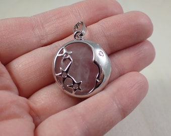 1 Piece Natural Rose Quartz Crystal Pendant - Silver Wrapped Moon Stars - Round Crystal Pendant - 23mm Rose Quartz Crystal Stars #PNDNT#1033