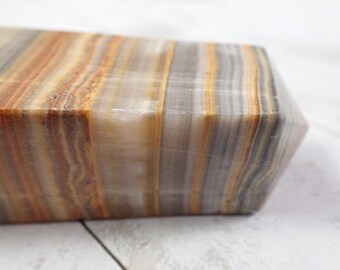 Tall Natural Banded Onyx Square Crystal Tower - Yellow Gold White - Thick Square Polished Tower - 4.25 Inch Banded Onyx Tower #TOWER#1030