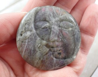 Pretty Purple Flashy Labradorite Sun Moon Carving - Round Coin Shaped Smooth Polished - 1.75 Inch Sun Moon Labradorite Crystal #MOONS#1029