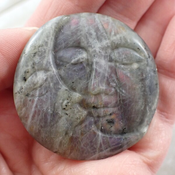 Pretty Purple Flashy Labradorite Sun Moon Carving - Round Coin Shaped Smooth Polished - 1.75 Inch Sun Moon Labradorite Crystal #CRVNG#1913