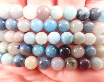 Blue Trolleite Crystal Bracelet Bracelet - 6mm Smooth Round Beads - Blue Gray White Natural Crystal - Stretch Bead Bracelet Blue #BRCLT#1201