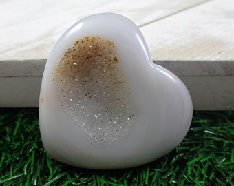 Sugar Texture Druzy Agate Crystal Heart Carving - Smooth Heart Crystal - Gray Druzy Agate - 2 Inch Heart Gray Sparkle Druzy Agate HEART#1039
