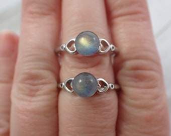 1 Piece Adjustable Flashy Labradorite Crystal Ring - Thin Silver Heart Band - Natural Labradorite Mini Sphere Adjustable Ring #RINGS#1041