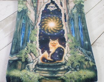 1 Piece Fabric Crystal Pouch - Cat Tree Portal Stairway - Blue Green Beige Witchy Cat Tarot Card Bag - 7x5 Inch Double Sided #POUCH#1012