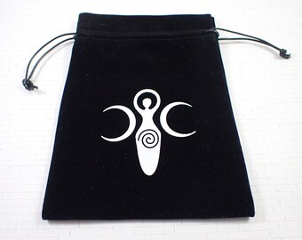 1 Piece Moon Goddess Fabric Crystal Pouch - White Moon Goddess Figure - Black Velvety Tarot Card Bag - 7x5 Inch Single Sided #POUCH#1024