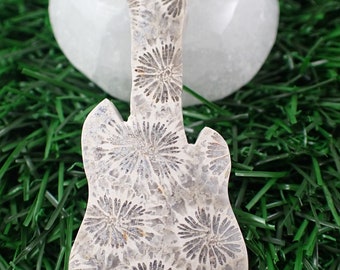 Natural Fossil Coral Crystal Guitar - Beige Gray Tan Flower Coral - Double Sided Polished Guitar - 2.5 Inch Smooth Guitar Crystal CRVNG#2043