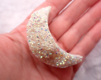 White Sparkle Rainbow AB Crystal Moon - Druzy Agate Moon 2 Inches - White Rainbow Home Decor Crystals for Metaphysical Healing #MOONS#1045