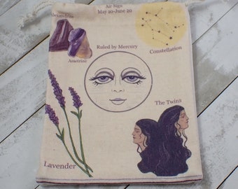 1 Piece Gemini Moon Linen Fabric Crystal Pouch - White Purple Yellow Green - Gemini Zodiac Tarot Card Bag - 6.5x5.25 Inches #POUCH#1037