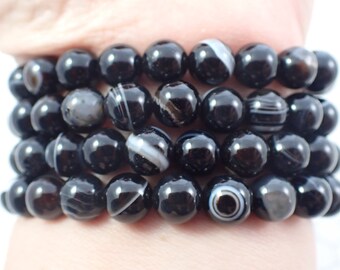 One Black Onyx Crystal Bead Bracelet - 8mm Smooth Round Beads - Shiny Black Onyx Crystal Bracelet - White Banded Shiny Beads - #BRCLT#1081